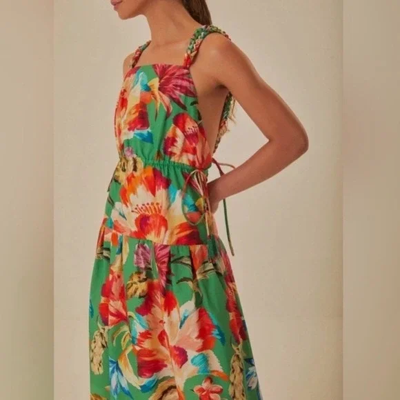 Farm Rio Green Tropicart Midi Dress Tropical Floral Print Braided Straps Large - Picture 2 of 9